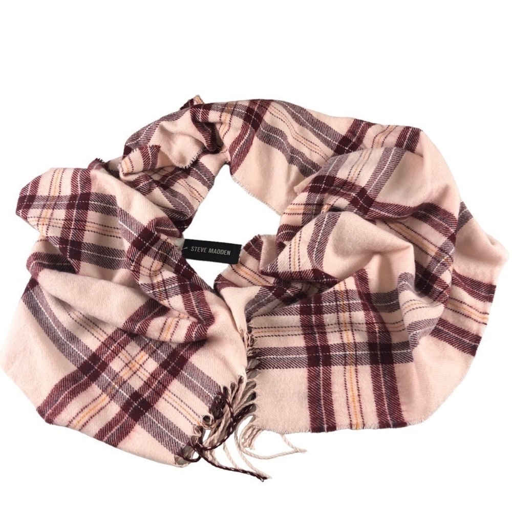 Steve Madden Women's Tartan Plaid Blanket Scarf Blush 78"x20" Fringe Details NEW